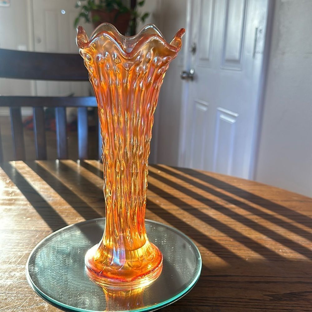 Carnival Iridescent 10” Flare rim Rain Swung Vase Marigold vintage